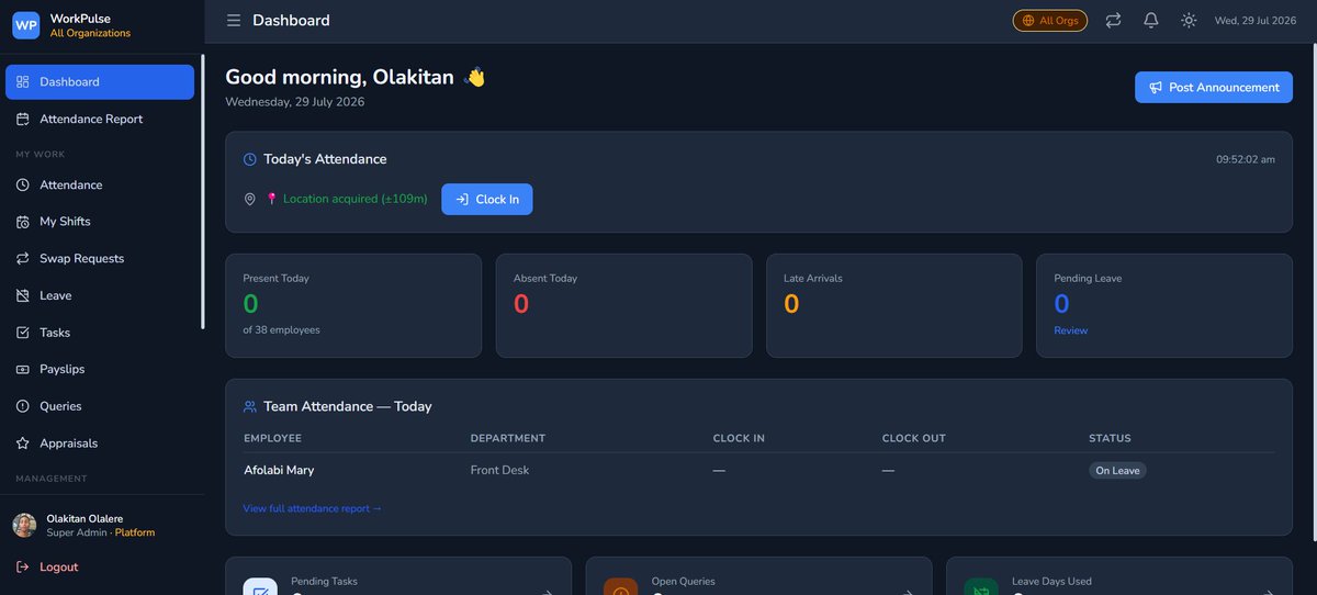 Holaboi_ITB's tweet photo. First time sharing one of my projects publicly. 👀

I've spent the last month building WorkPulse, and today it goes live for internal testing. 🚀 From geofenced attendance to HR admin tools, it's built to make workforce management simpler and more reliable. More updates soon!🥰 https://t.co/9WdOYUOdOx