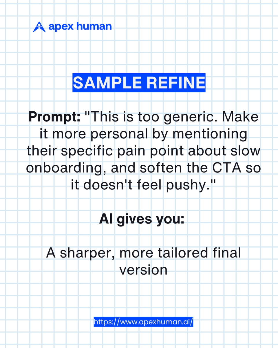 apexhuman_ai's tweet photo. AI TIP: "BREAK IT DOWN"

If your prompts aren't giving good results, the issue might not be the AI, it might be how much you're asking it to do at once.

Break it into steps instead:
outline → draft → refine

Sharper output, every time. Try it on your next task. https://t.co/i2RtoBfPtH