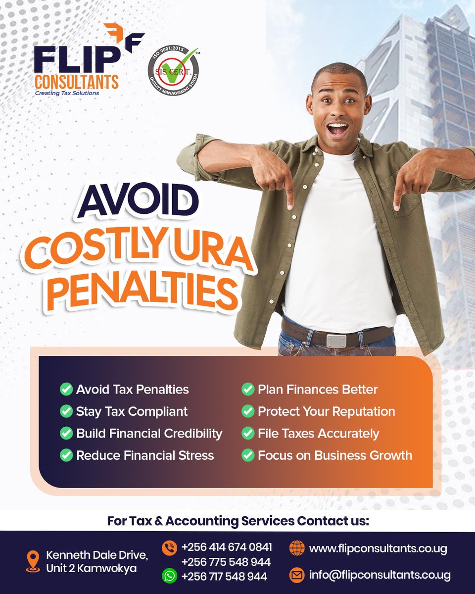 FlipConsultantL's tweet photo. At Flip Consultants, we help businesses stay tax compliant, file accurate returns, and meet URA deadlines with confidence.
Contact us today and stay ahead of your tax responsibilities.

#FlipConsultants #TaxCompliance #URA #AccountingServices #BusinessGrowth #TaxExperts #UgandaBu https://t.co/Ee4ji7Dssj