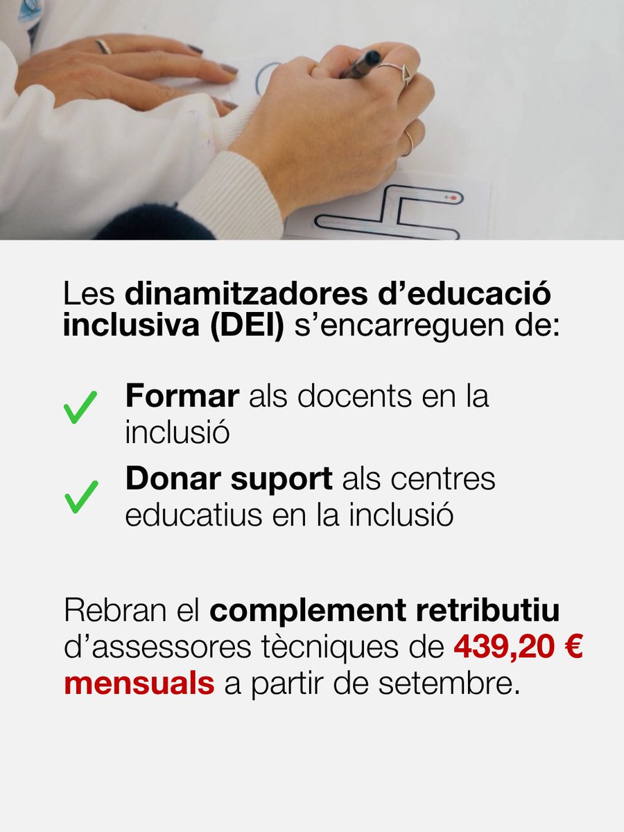 educaciocat's tweet photo. 👩‍🏫 Les dinamitzadores d’educació inclusiva (DEI) percebran el complement salarial d’assessores tècniques docents corresponent a 439,20 € mensuals.

Més informació: https://t.co/M48eFNFMS4 https://t.co/xgg2hyee67