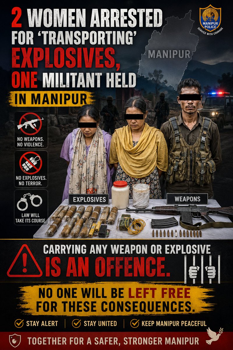 DeshDunia33486's tweet photo. Illegal weapons and explosives have no place in a peaceful society. The arrest of two women and one militant in Manipur is a reminder that the law will act against anyone aiding violence. Peace begins with accountability. 
#Manipur #Peace #ZeroTolerance #India https://t.co/xGymLTGSNH