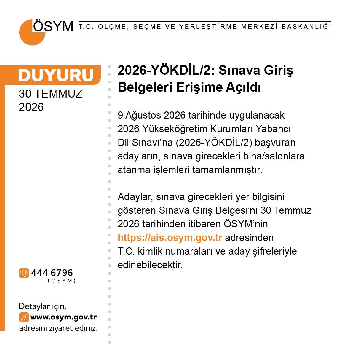 OSYMbaskanligi's tweet photo. 2026-YÖKDİL/2: Sınava Giriş Belgeleri Erişime Açıldı

https://t.co/lTwsjp1dDb https://t.co/jePzbfeIdm