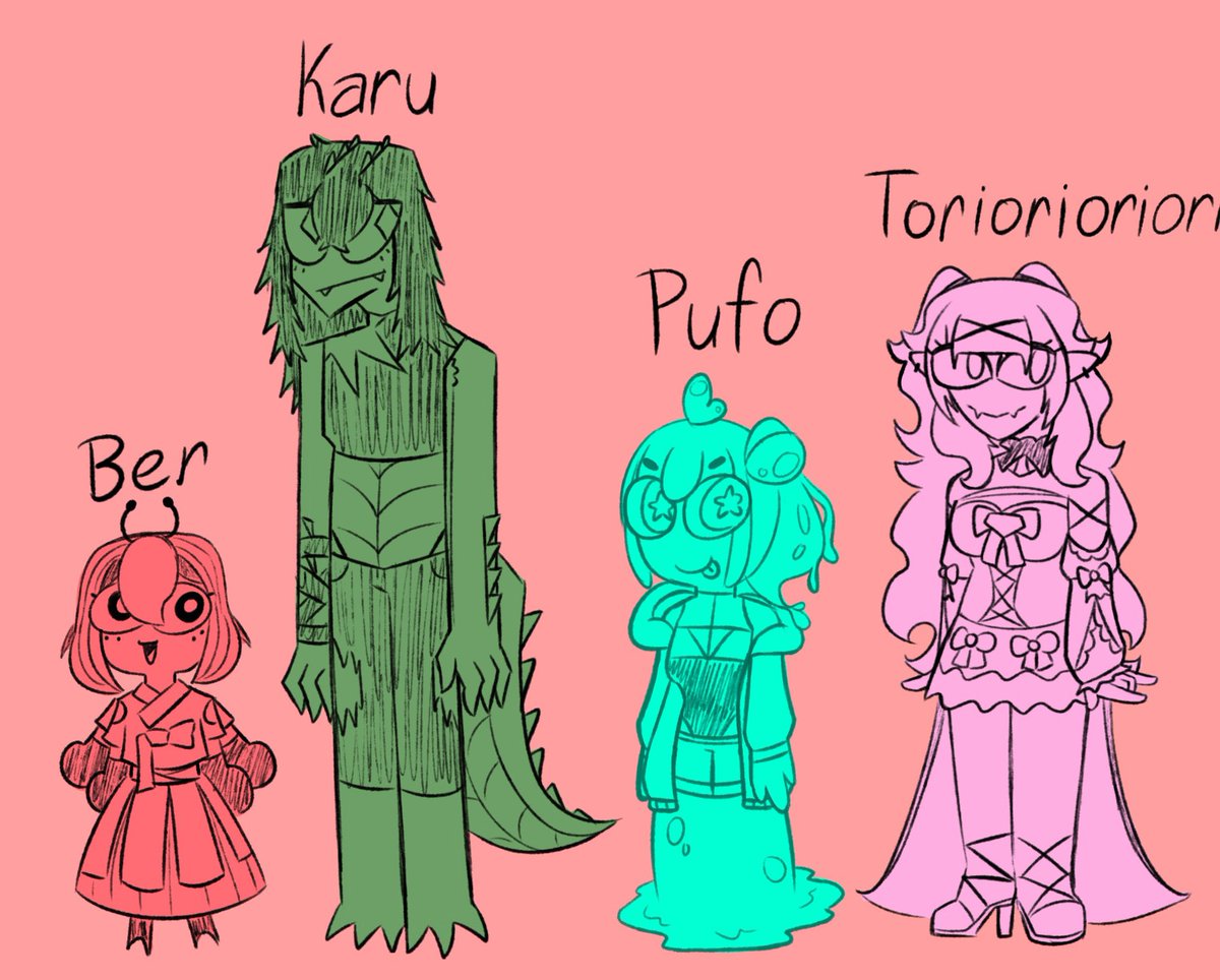 SlipperyChipper's tweet photo. Beri the ladbuge, Karu the crodil, Pufo the sloime, and Toriorioriorioriori-(+too many -ori’s to count) the gargol! Together, they make up local funny vtuber group, The BEASTZ!! #beriart #kaicrocart #piapiart #toriort https://t.co/2TOEAqd9zk