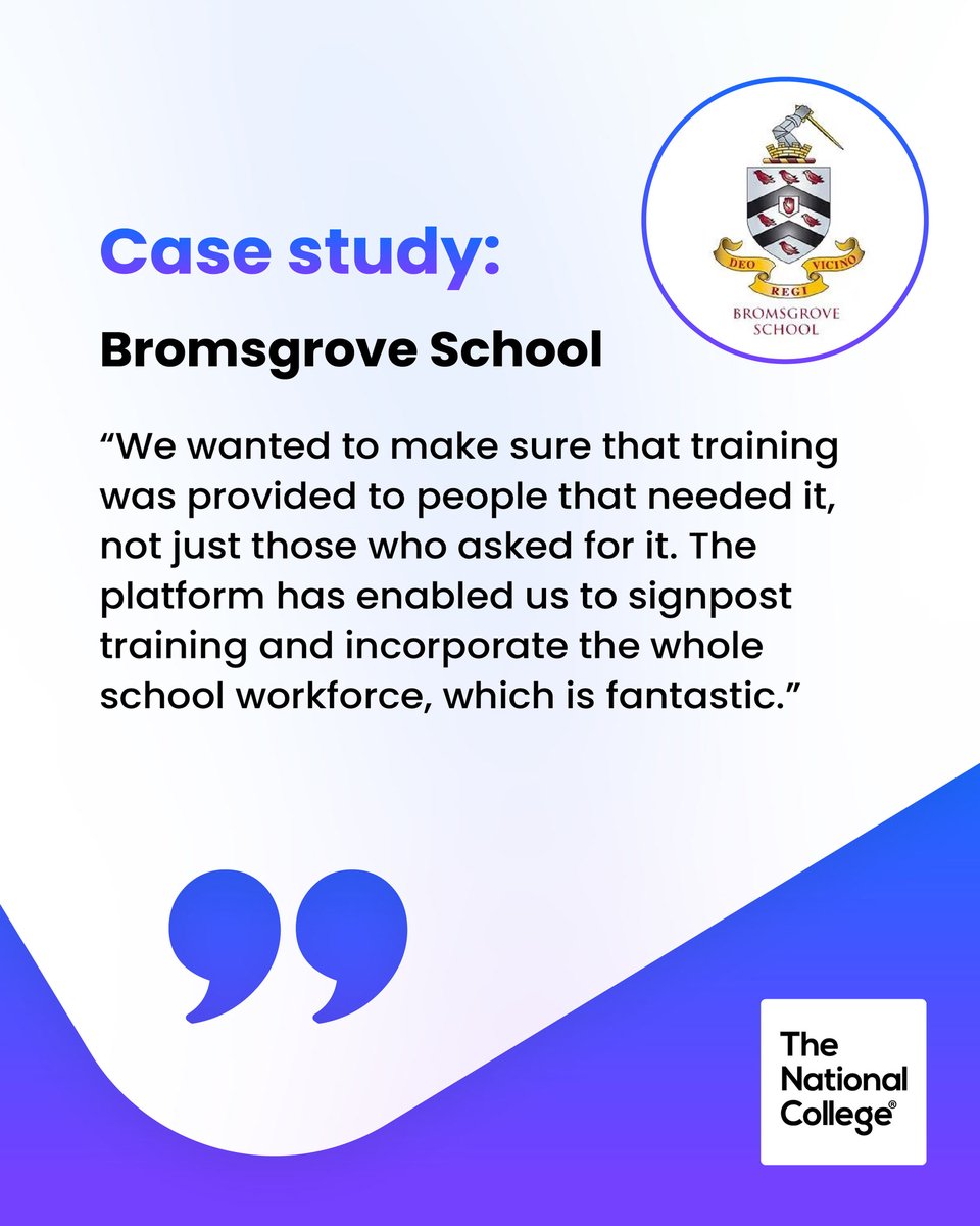TheNatCollege's tweet photo. Bromsgrove School uses The National College to connect CPD, staff development and school priorities.

Discover how our People Development solution supports training and continuous staff improvement.

Read the case study: https://t.co/ov4WBOEWFo

#PeopleDevelopment #CPD https://t.co/qU2ydCJtM2