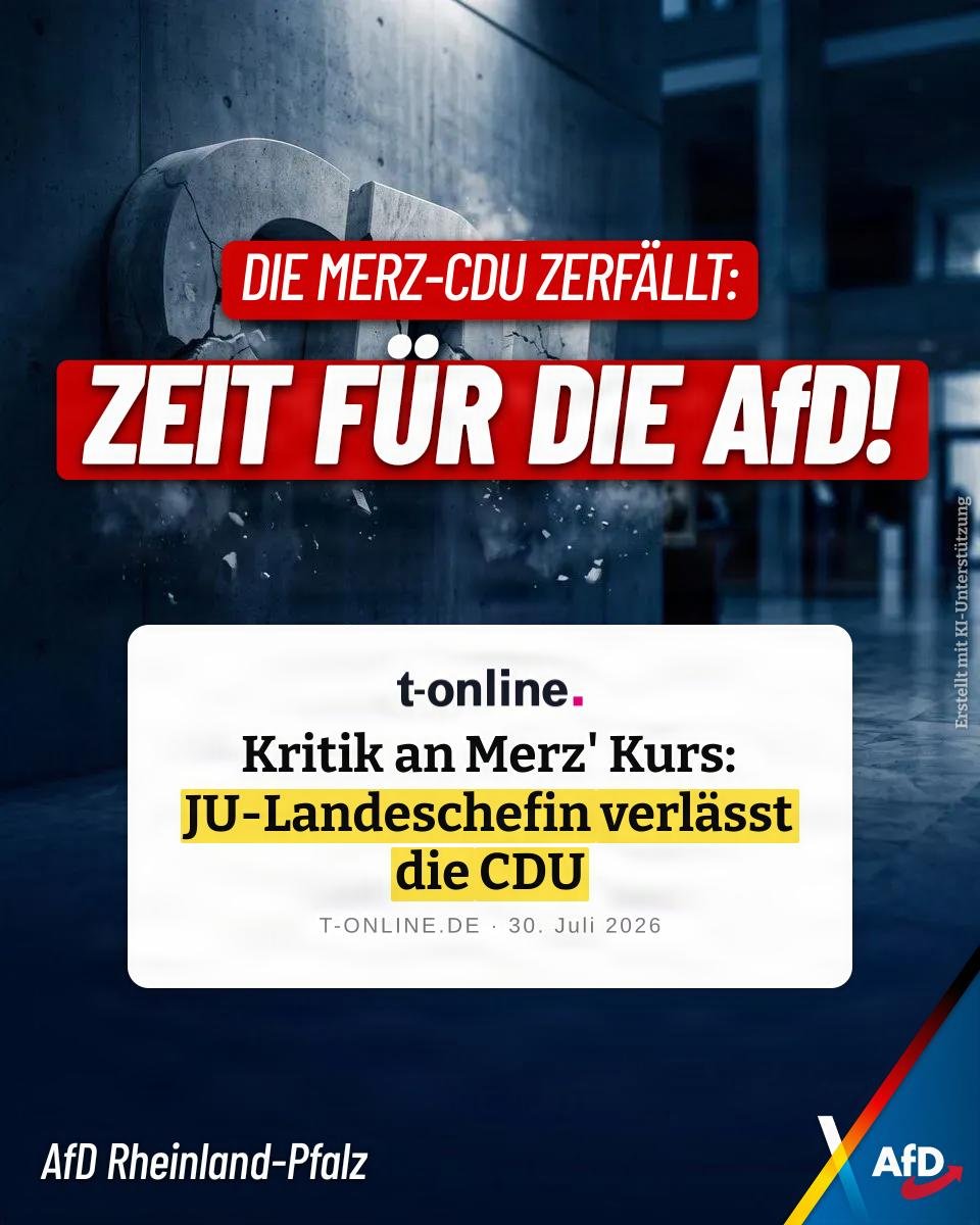 RLP_AfD's tweet photo. Die Fassade der Merz-CDU bröckelt gewaltig! Die JU-Landesvorsitzende in Brandenburg, Laura Strohschneider, ist aus Protest gegen den Bundeskurs aus der Partei ausgetreten. 
Der Vorwurf: Wortbruch und Verlust jeglicher Glaubwürdigkeit. Wer bürgerliche Politik ohne faule Kompromisse will, findet nur bei der AfD eine echte Heimat.💪🏼💙