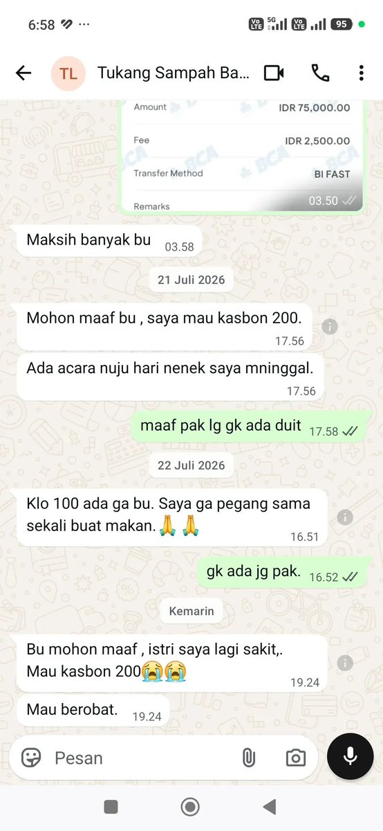 mamahmuda1_'s tweet photo. ini tukang sampah sering banget minta kasbon. 
tahun lalu kasbon numpuk sampe seharga iuran sampah 1tahun . 
bulan ini dia minta kasbon lagi. coba aja kl gw iyain, udh 500rb dia dapet bulan ini. 

gk cuman sekali yah dia kaya gini. udh sering banget dan dulu gw iyain, karna gk tega. sekarang jadi berasa di manfaatin karna keseringan banget kaya gini￼
cc: helenhie_