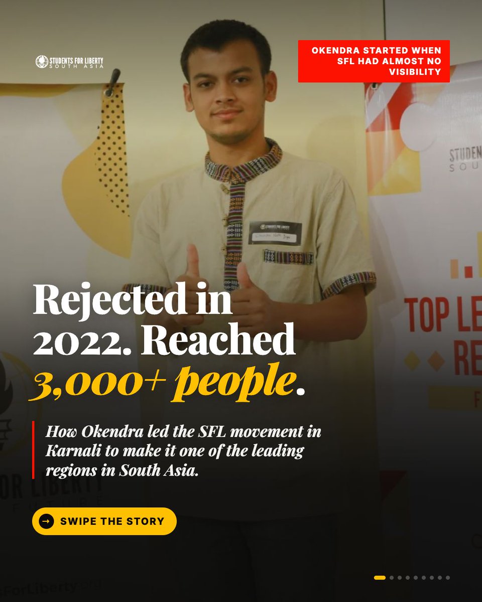 SASFLiberty's tweet photo. 📌 In 2022, Okendra applied to be an SFL Local Coordinator in Karnali. He was rejected.

Four years later: 36+ coordinators mentored and recruited, 50+ events, 3,000+ people reached.

#StudentsForLiberty #SASFL #SFL #Nepal #Karnali #Liberty #StudentLeadership #FreeMarkets https://t.co/NOjlj0ZOQj