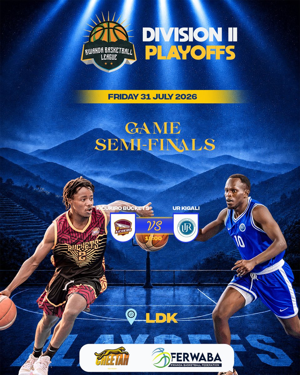 ferwabaRW's tweet photo. 🏀 SEMIFINALS ARE SET! 🔥
KICUKIRO BUCKETS 🆚 UR KIGALI
A place in the Finals awaits.

📍 LDK | ⏰ 18:00

#D2Playoffs #RBL26 https://t.co/XM7D2LIwBb