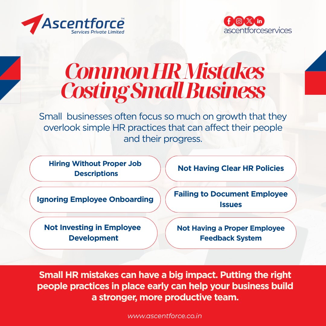 AscentforceLtd's tweet photo. Here are 6 common HR mistakes that are silently costing your business:

#HRMistakes #SmallBusinessIndia #IndianStartups #HRForSMEs  #HRPolicies  #HRConsulting #BusinessGrowthIndia #StartupIndia #HumanResources  #IndiaBusiness #BusinessOwnerIndia #HRStrategy https://t.co/2bh5Bn13sM