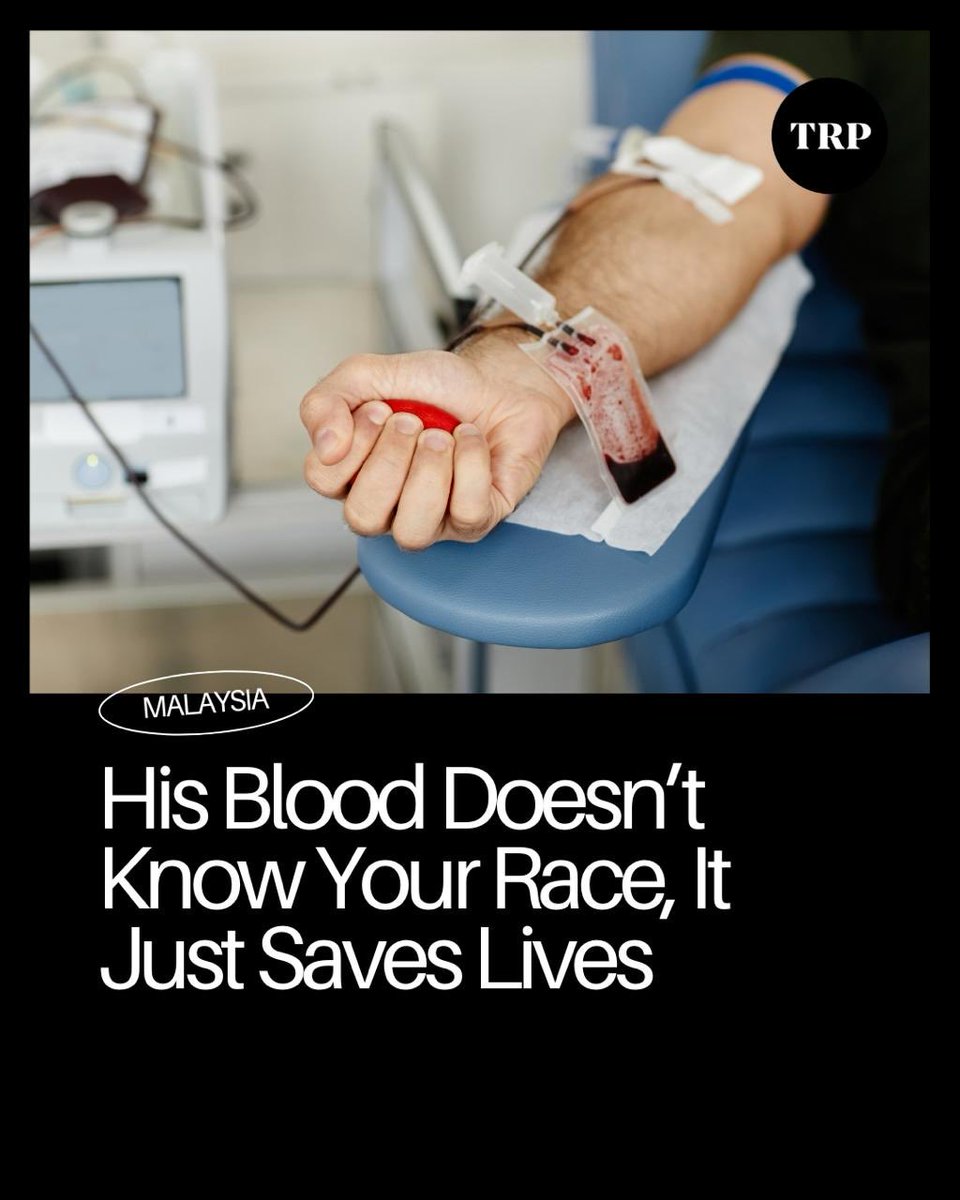 therakyatpost's tweet photo. A Malaysian Chinese quietly went to donate blood 28 times over the years, 450cc each visit, and thought nothing of it.

Then Hospital Seberang Jaya in Penang called, again.

He asked why they kept calling him specifically.

The doctor’s answer was simple: his AB+ blood type matched a Malay child living with thalassaemia — a hereditary blood disorder that requires regular transfusions just to survive.

“My blood has never known Malay, Chinese or Indian,” Vince, known online as @/vince.yh117, wrote in a post that has since racked up 60,500 likes.

"It only knows how to save lives."

Full story at https://t.co/6gK4gEF93v