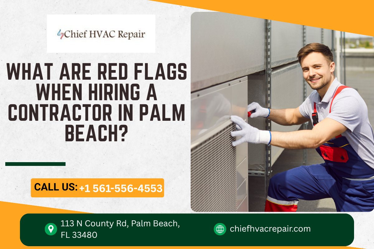 PalmBeachHVACRC's tweet photo. Red flags when hiring a contractor in Palm Beach include no license, unclear estimates, poor communication, and requests for large upfront payments. Learn more from Palm Beach HVAC Repair Company: https://t.co/MQEvoYczm0 #PalmBeach #HVAC #ContractorTips https://t.co/xqGZizEGrt
