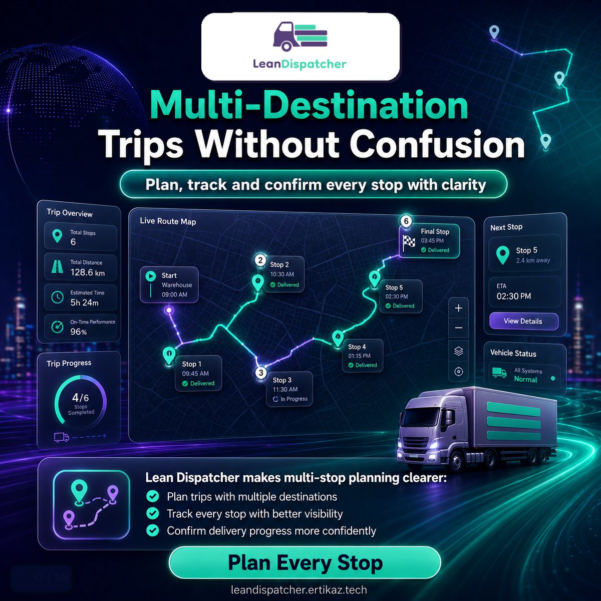 ErtikazSolution's tweet photo. Multiple stops should not mean operational confusion.
Plan, track and confirm multi-destination trips with a clearer digital workflow in Lean Dispatcher.
#RoutePIanning #MuItiDestination #DeIiveryManagement #LeanDispatcher https://t.co/bHDMXyqFfO