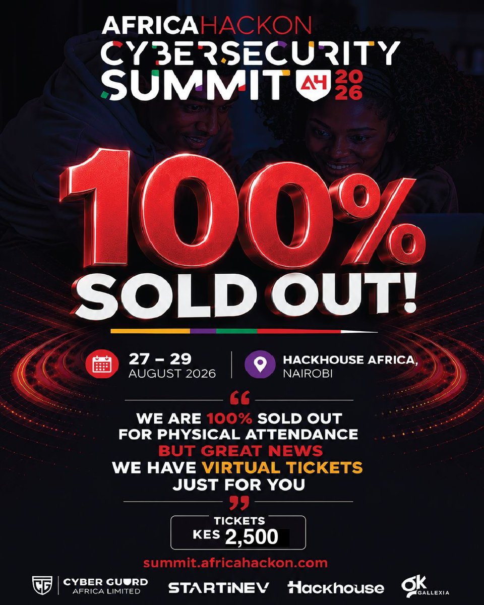 AfricaHackon's tweet photo. The response has been incredible

We’re officially 100% SOLD OUT for physical attendance at the AfricaHackon Cybersecurity Summit 2026. Thank you to everyone who secured their seat.

Missed out? You’re still in.
Virtual tickets are available for KES 2,500, giving you access to three days of expert-led cybersecurity sessions, practical insights, and industry conversations, all from wherever you are.

Don’t miss the opportunity to learn from Africa’s leading cybersecurity professionals.

#AfricaHackonSummit2026 #CyberSecurity #InfoSec #TechAfrica #CyberSecurityCommunity #LearnCyberSecurity