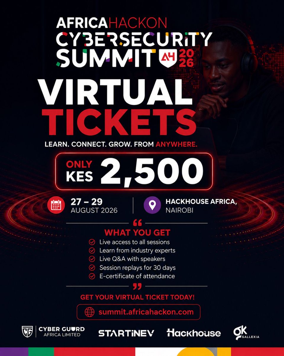 AfricaHackon's tweet photo. The response has been incredible

We’re officially 100% SOLD OUT for physical attendance at the AfricaHackon Cybersecurity Summit 2026. Thank you to everyone who secured their seat.

Missed out? You’re still in.
Virtual tickets are available for KES 2,500, giving you access to three days of expert-led cybersecurity sessions, practical insights, and industry conversations, all from wherever you are.

Don’t miss the opportunity to learn from Africa’s leading cybersecurity professionals.

#AfricaHackonSummit2026 #CyberSecurity #InfoSec #TechAfrica #CyberSecurityCommunity #LearnCyberSecurity