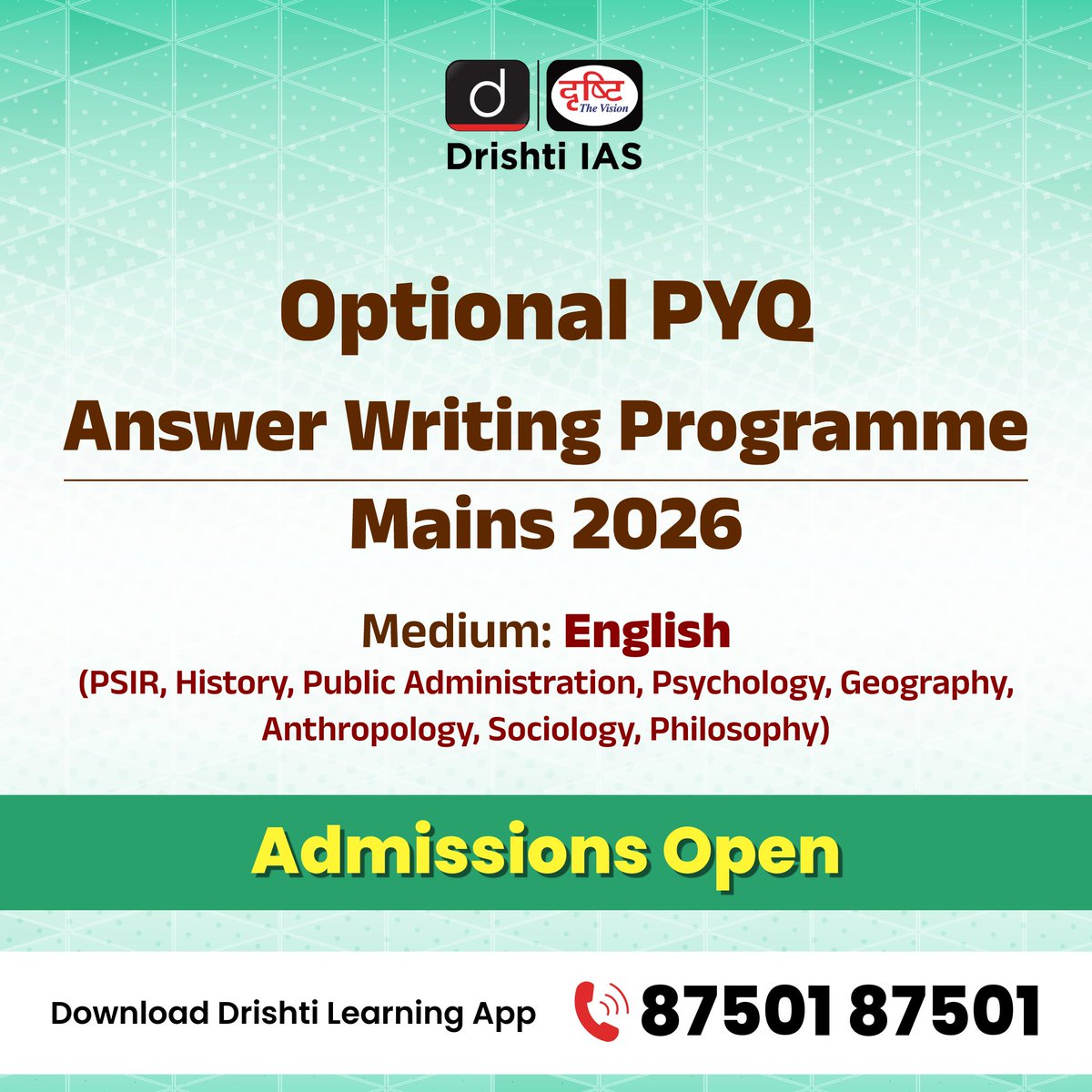 drishtiiaseng's tweet photo. Master your Answer Writing skills for UPSC Mains 2026!
Join the Optional PYQ Answer Writing Programme for Mains 2026.
For registration: https://t.co/macvrUfaYO
📞 87501 87501
📲 Download the Drishti Learning App today!
#UPSC2026 #Mains2026 #OptionalCourses #PYQ #UPSCPreparation #DrishtiIAS #DrishtiIASEnglish