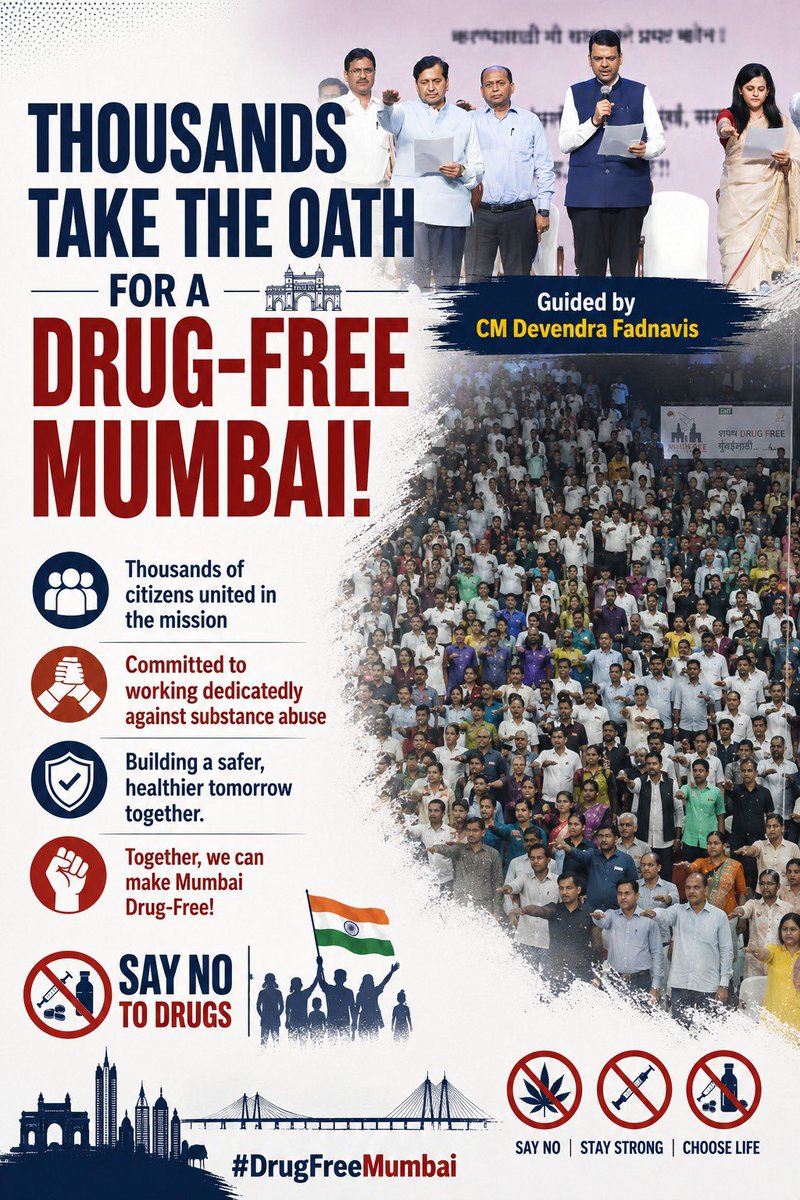 StringReveals's tweet photo. A drug free Mumbai 🌇
Under the leadership of Devendra Fadnavis ji, the Maharashtra Government has brought the Police, Education and Health Departments together across all 24 wards under the #DrugFreeMumbai campaign. A decisive step to protect the next generation and make Mumbai safer. @Dev_Fadnavis