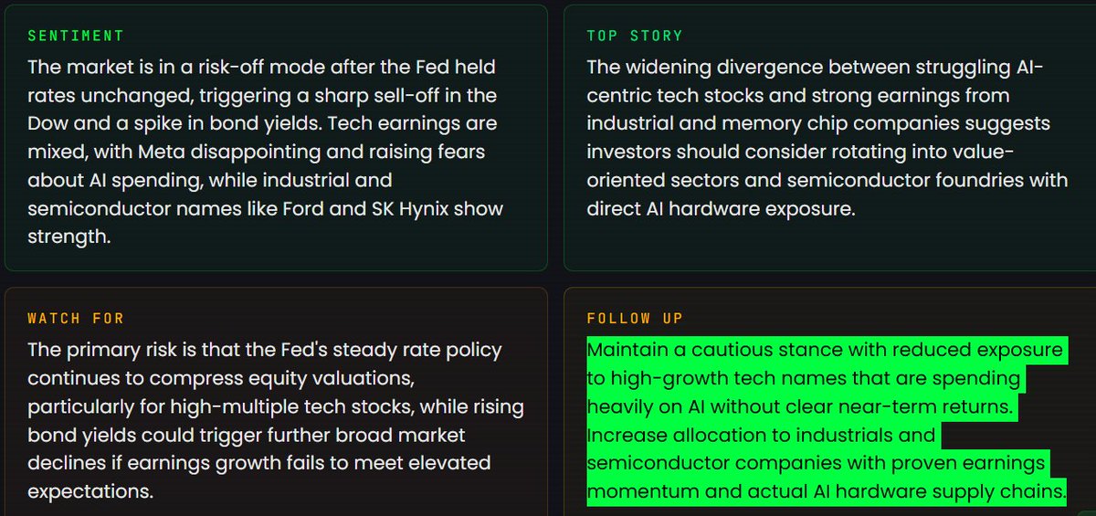 RBLFinance's tweet photo. The market is in a risk-off mode after the Fed held rates unchanged, triggering a sharp sell-off in the Dow and a spike in bond yields. Tech earnings are mixed, with $Meta disappointing and raising fears about AI spending, while industrial and #semiconductor names like Ford and SK Hynix show strength.