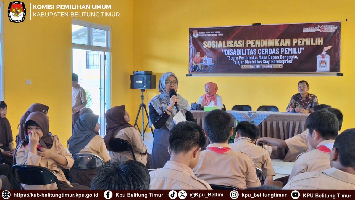 Kpu_Beltim's tweet photo. #TemanPemilih,Komisi Pemilihan Umum (KPU) Kabupaten Belitung Timur melaksanakan kegiatan Sosialisasi Pendidikan Pemilih Disabilitas Cerdas Pemilu dengan tema "Suara Pertamaku, Masa Depan Bangsaku, Pelajar Disabilitas Siap Berekspresi" pada Kamis (30/7/2026) di SLB Negeri Manggar. https://t.co/mUE7eQFZ3k