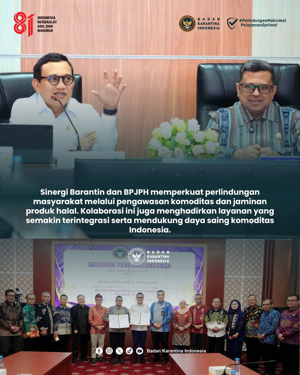 BarantinRI's tweet photo. Dengan kolaborasi ini, pelayanan pemerintah diharapkan semakin terintegrasipelaku usaha memperoleh kemudahan layanan, dan masyarakat mendapatkan kepastian terhadap produk yang aman sekaligus halal.Mari bersama mendukung terwujudnya komoditas Indonesia yang aman, sehat, dan halal. https://t.co/rWhoPR7MEi