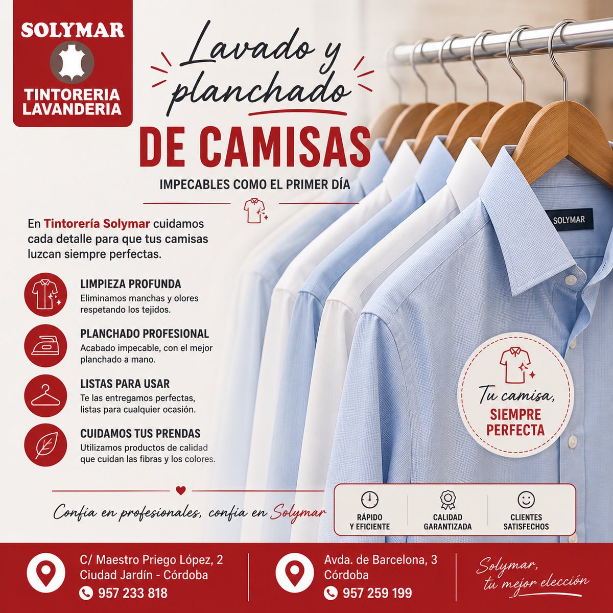 tinto_solymar's tweet photo. 👔 ¿Tus camisas siempre perfectas?
En Tintorería Solymar las lavamos y planchamos con un acabado profesional para que estén listas para usar.
📍 C/ Maestro Priego López, 2 · ☎️ 957 233 818
📍 Avda. de Barcelona, 3 · ☎️ 957 259 199
#TintoreríaSolymar #Camisas https://t.co/QhYtfyxb3R