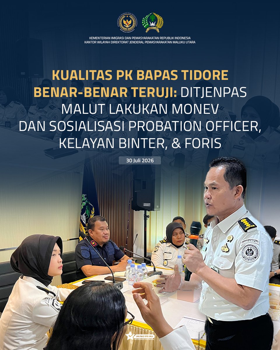 ditjenpasmalut's tweet photo. Kanwil Ditjenpas Maluku Utara melaksanakan monitoring, evaluasi, dan sosialisasi program bagi Pembimbing Kemasyarakatan Bapas Kelas II Tidore, Kamis (30/07).

Berita selengkapnya : https://t.co/8lNOrLBFti https://t.co/YqvVszl8cy