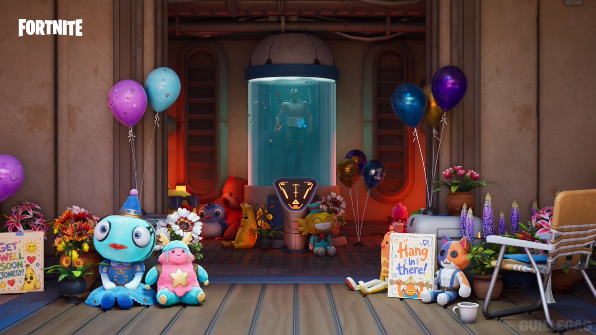 Guille_GAG's tweet photo. Jones' recovery pod has been updated with more plushies and gifts 🥹 #Fortnite https://t.co/d1wW2i3WoA