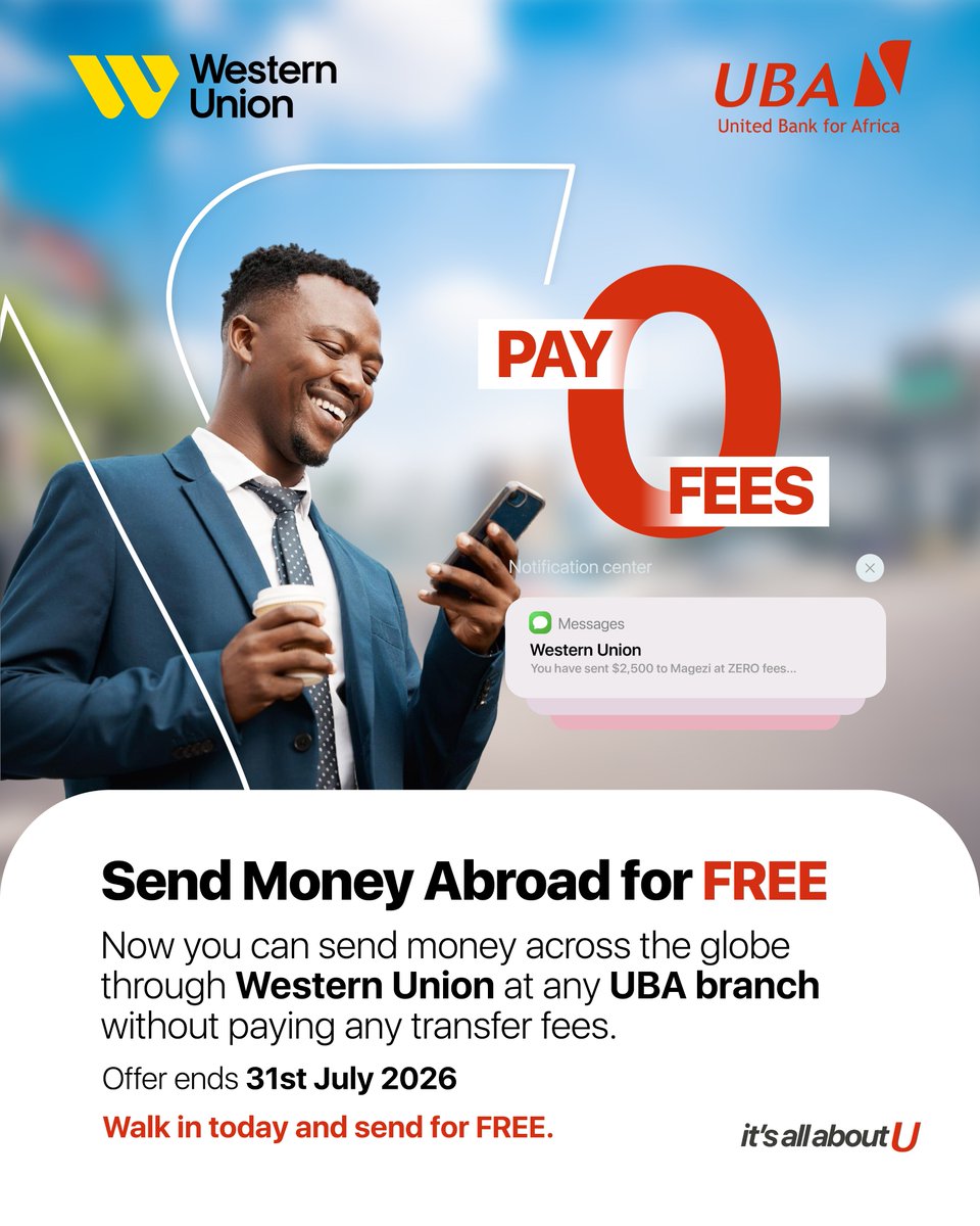 UBAUganda's tweet photo. Send money abroad and pay ZERO transfer fees with Western Union at any UBA branch!

Enjoy fast, reliable, and secure international money transfers without any sending charges.
✅ Zero sending fees
✅Worldwide transfers
 ✅Offer valid until 31st July 2026.

Visit your nearest UBA branch today and take advantage of this limited-time offer. 

 #SendMorePayZero #AfricasGlobalBank #ItsAllAboutU