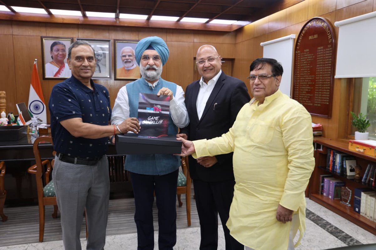 LokNiwasDelhi's tweet photo. Shri Ashok Sharma, Honorary Secretary, Shri Shyam Sharma, Director, and Shri Anand Verma, Director, Delhi &amp; District Cricket Association (DDCA), called on Hon'ble @LtGovDelhi, Sardar @SandhuTaranjitS, at @LokNiwasDelhi today. https://t.co/RcGyAd5tnM