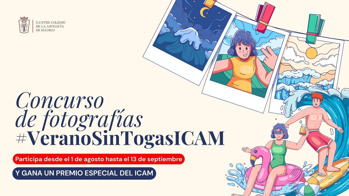icam_es's tweet photo. 📷¡Participa en la nueva edición de concurso fotográfico #VeranoSinTogasICAM y podrás ganar un fin de semana en @paradores!

¿Cómo participar?➡️https://t.co/sh3qwdZ7Fk

✔️Ser colegiado/a ICAM.
✔️Elige la/s categoría/s en la que quieres participar.
✔️Manda tus fotografías mediante el formulario de la web.
✔️Puedes participar máximo 3 veces por categoría.
✔️Desde el 1 de agosto hasta el 13 de septiembre.

Consulta las bases destallas ¡y participa!➡️https://t.co/sh3qwdZ7Fk