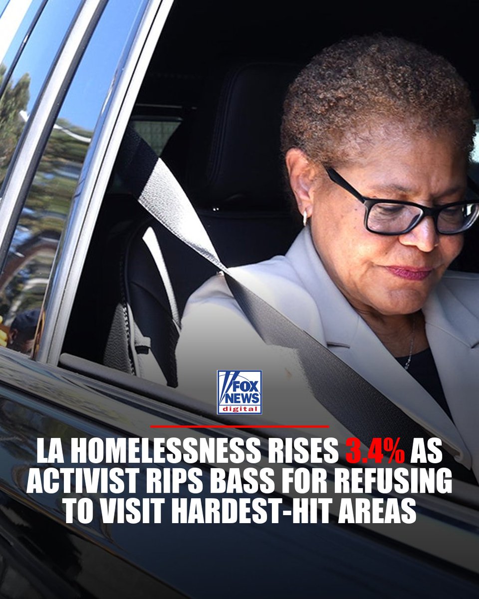 foxnewspolitics's tweet photo. LA homelessness rises 3.4% as real estate leader John Alle rips Mayor Karen Bass for repeatedly refusing to visit neighborhoods ravaged by crime and drug use.

The latest count found 45,194 people experiencing homelessness in L.A., with the number of people living on the streets surging 7.9% to an estimated 29,115. Alle, a Los Angeles property owner and co-founder of the Santa Monica Coalition, says he's invited Bass "numerous times" to ride through Alvarado, MacArthur Park and Westlake — and she's declined every time.

Meanwhile, Alle's coalition has partnered with an AI company to create a hotline helping homeless people voluntarily return to their home states, sending more than 40 people home in the past year.