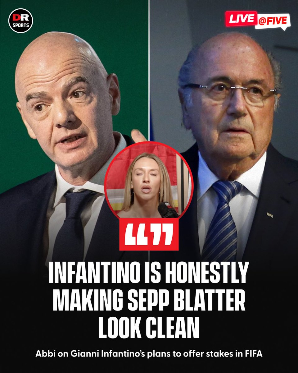 drsportsmedia's tweet photo. 🤑 Expanding tournaments, more games and commercial moves.
Some compare Infantino’s FIFA to the Blatter era. 🫣
Fair or too harsh?
#LiveAt5 https://t.co/Hwtlnm438f