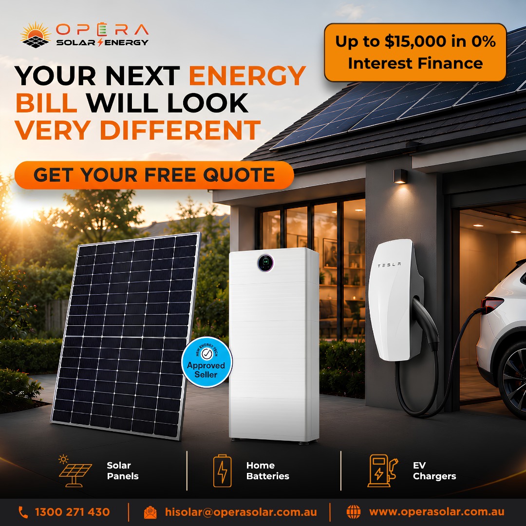 OperaSolar's tweet photo. โ๏ธ Your next energy bill could look very different.
Save with Solar Panels, Home Batteries & EV Chargers from Opera Solar Energy.
๐ฐ Up to $15,000 in 0% Interest Finance*
๐ 1300 271 430
๐ https://t.co/qw2azwx1Ay
*T&Cs apply.
#OperaSolarEnergy #SolarEnergy #HomeBattery #EVCharge https://t.co/iL4go78fWA