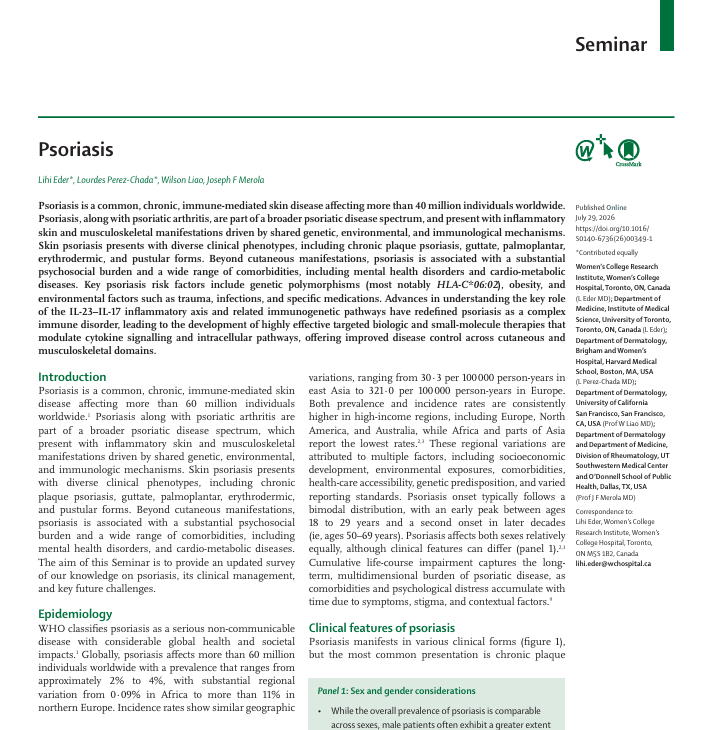 biblioGetafe's tweet photo. 📚Eder L, Perez-Chada L, Liao W, Merola JF. Psoriasis. The Lancet. doi: 10.1016/S0140-6736(26)00349-1.

Revisión narrativa que ofrece una síntesis clínica amplia. https://t.co/34vJcYlD0q
