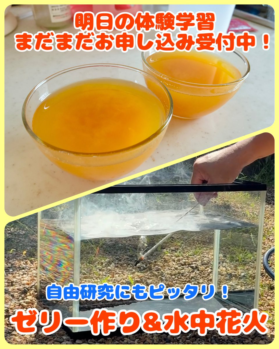 Liber_96kikaku's tweet photo. ＼明日の体験学習まだまだお申し込み受付中❗️／

つめた〜いぷるぷるゼリー作り&amp;水中花火実験🎇
みかんゼリーとココアゼリーを作るよ🥄🍊

✅夏にピッタリ！
✅自由研究の題材にもなる！

「明日お家で何しよう…🤔」
そんな方もぜひ遊びに来てね🤗 https://t.co/KO80DMmSBi
