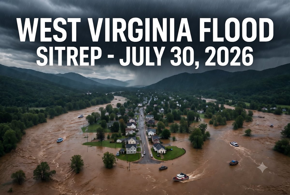 DisasterTechLab's tweet photo. 🚨 SITREP (July 30): WV flood recovery enters week 2. Death toll holds at 2. Federal disaster declaration still NOT approved. Gov. Morrisey now calling for construction volunteers.

Full sitrep: https://t.co/7TGAkZqvwR https://t.co/sGZWnTx1xs