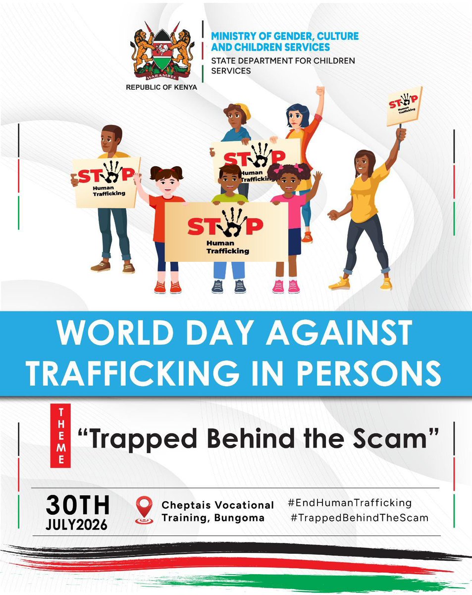Diaspora_KE's tweet photo. The State Department for Diaspora Affairs-SDDA, today joins the global community in observing the World Day Against Trafficking in Persons.
The SDDA stands firm against all forms of human trafficking. #EndHumanTrafficking
#TrappedBehindTheScam https://t.co/JBIWtWFBap