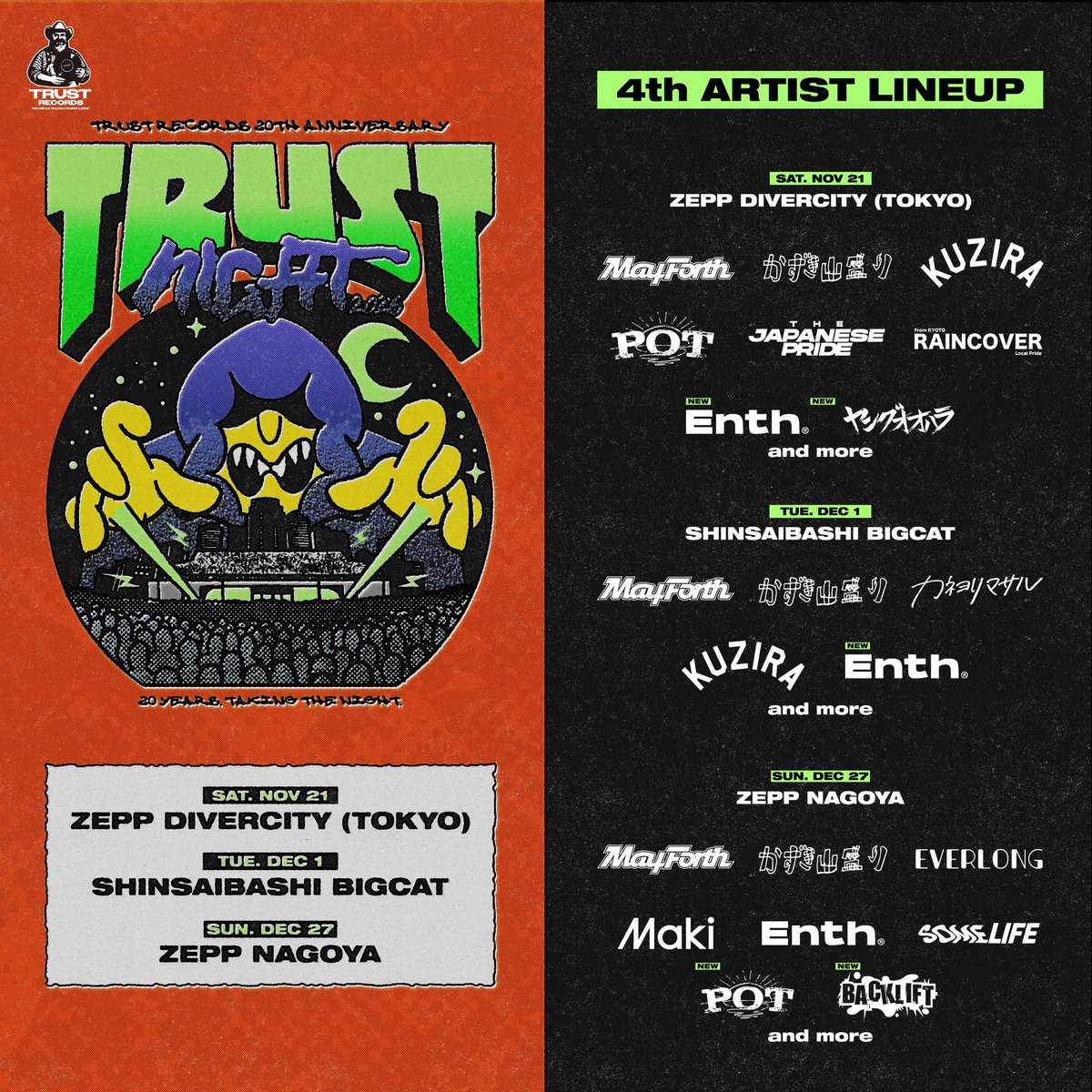 KUZIRAwkm's tweet photo. 【第4弾アーティスト解禁】

TRUST RECORDS presents.
TRUST NIGHT 2026

11/21(土)
Zepp Diver City 
12/1(火)
心斎橋BIGCAT

🎫 : オフィシャル6次先行
～8/11(火祝)23:59
https://t.co/nS1Amxj2Om https://t.co/ikOIx38qei