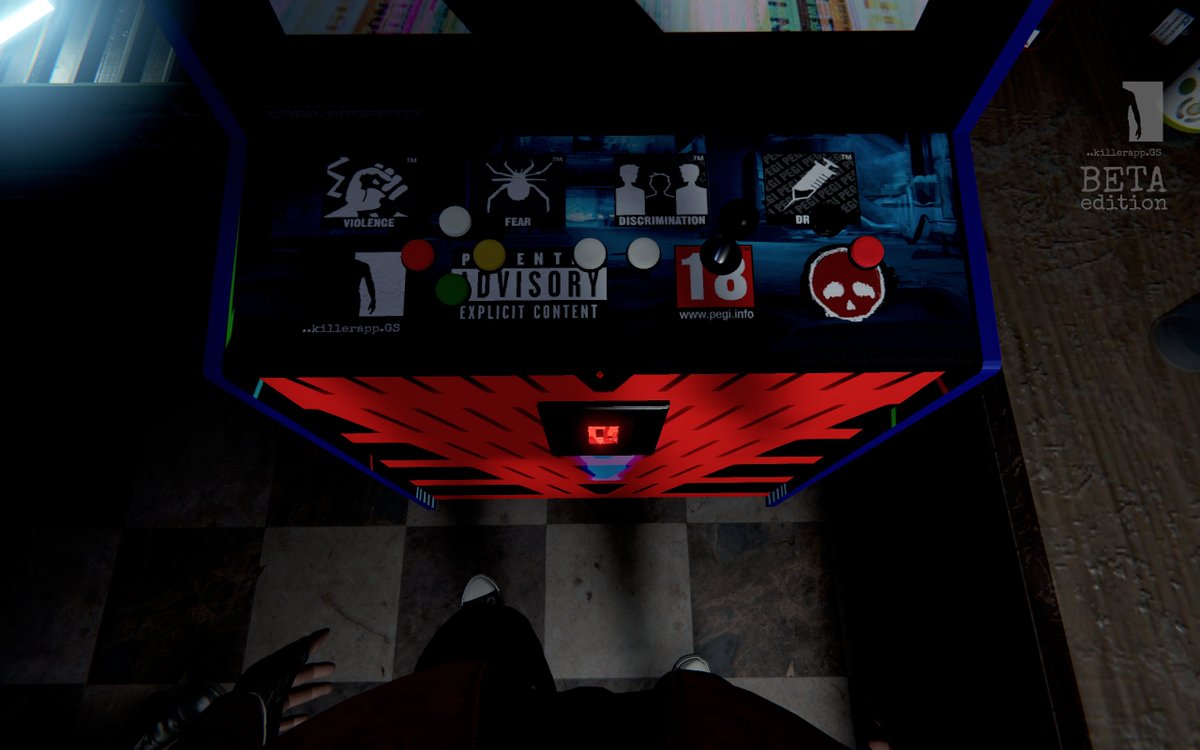 killerappGS's tweet photo. Killematron arcade cabinet inside Kill Em All. There is an entrance into the game shown on the cabinet, just like in Tron.  #インディーゲーム #レトロゲーム #アーケードゲーム https://t.co/2H0TuCsBcK
