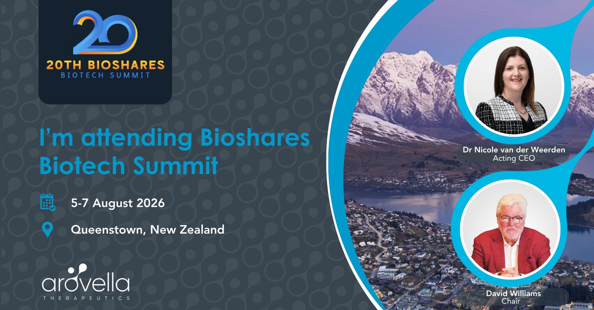 WeAreArovella's tweet photo. Arovella is looking forward to the 20th Bioshares Biotech Summit in Queenstown, NZ from 5-7 August. Acting CEO Dr Nicole van der Weerden and Chair David Williams welcome the opportunity to connect, feel free to get in touch.
More: https://t.co/41QNL7BaO9
#iNKT $ALA #ASX https://t.co/huLUN4gN4x