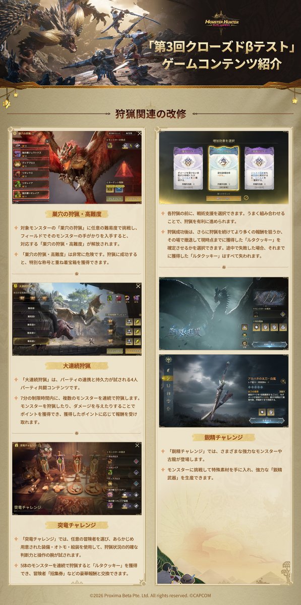 MHO_Japan's tweet photo. ／
第3回クローズドβテスト
ゲームコンテンツ紹介！⚔️
＼

今回のテストでは、
新モンスター、新冒険者、新武器種「ハンマー」など、
多彩な新要素が登場✨

さらに、
育成システム、オトモの入手方法など、
各種改善・調整も実施！

詳しくは画像をチェック👀

#MHO #MHOutlanders #モンハンアウトランダーズ