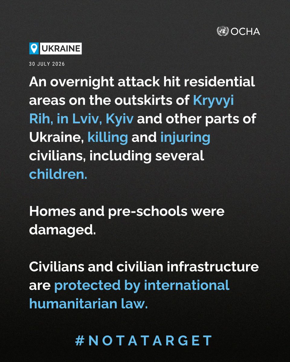 OCHA_Ukraine's tweet photo. Aid workers, alongside first responders, are mobilizing emergency assistance to people affected by overnight attacks across Ukraine.

Once again, families in the #Dnipro Region, #Lviv and #Kyiv have lost loved ones or been left without homes.

Civilians are #NotATarget. https://t.co/aBFW0KFUhg