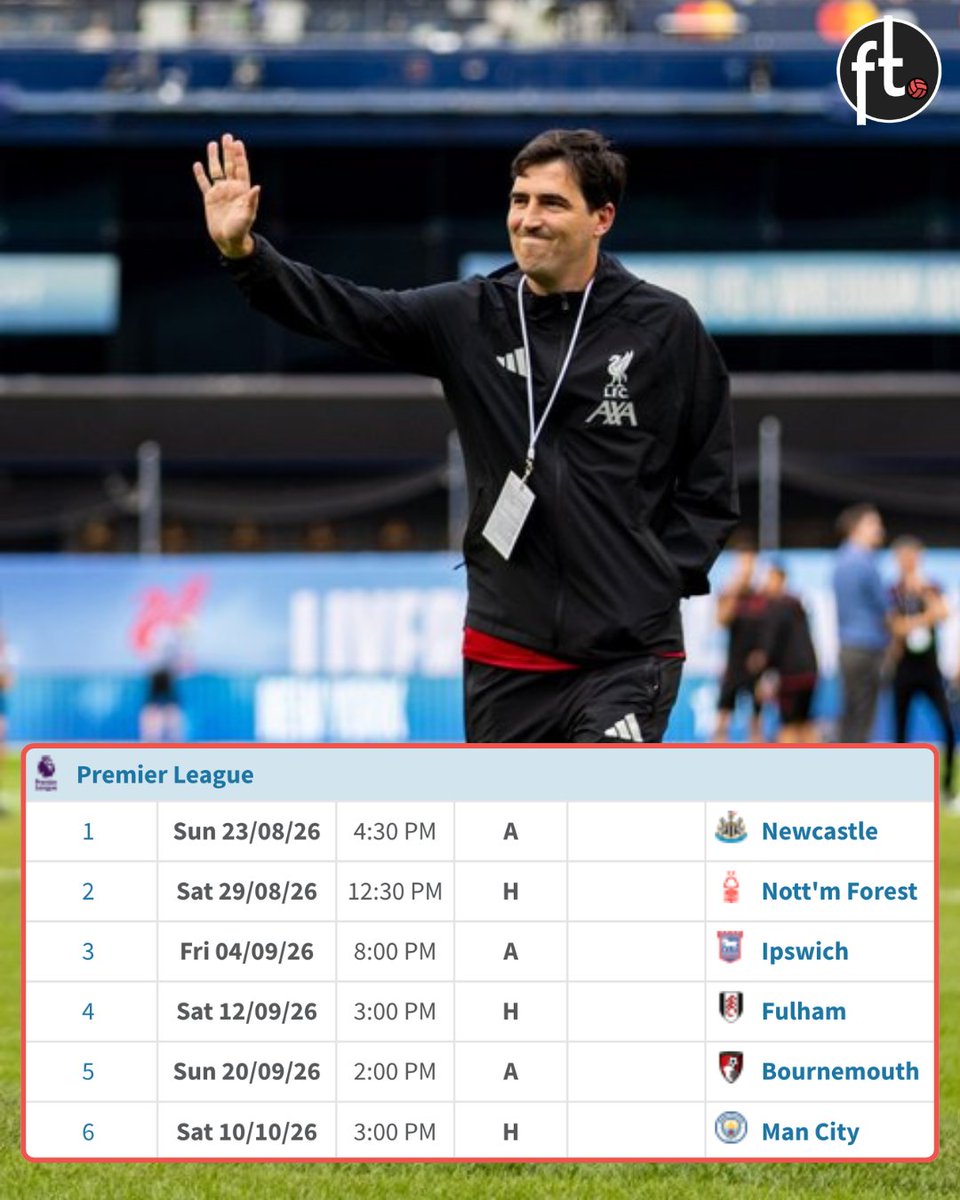 Footballtweet's tweet photo. 🟥 Liverpool's first 6 games of the Premier League season are against teams with new managers:

▪️ Newcastle United — Matthias Jaissle
▪️ Nottingham Forest — Oliver Glasner
▪️ Ipswich Town — Gary O'Neil
▪️ Fulham — Álvaro Arbeloa
▪️ Bournemouth — Marco Rose
▪️ Manchester City — Enzo Maresca