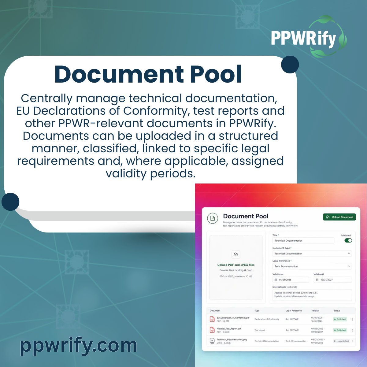 PPWRify's tweet photo. Keep all your PPWR documents in one place with PPWRify's Document Pool.  Upload technical documentation, EU Declarations of Conformity, test reports, and more with simple drag-&amp;-drop—making compliance, organization, and audit readiness easier than ever.

https://t.co/kxpZ7yCvPs https://t.co/sBlUXi8dQt