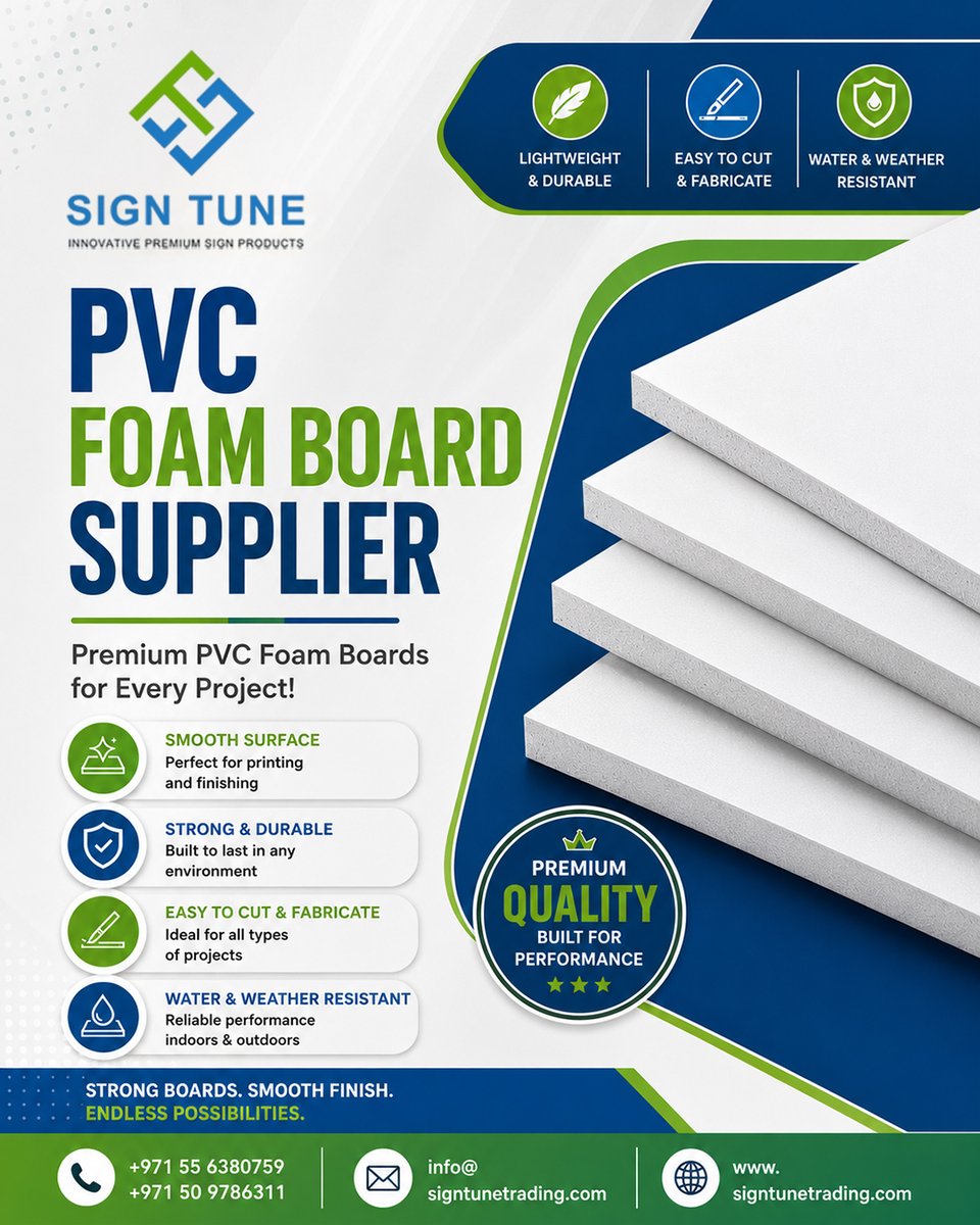SignTuneTrading's tweet photo. Build Better with Premium PVC Foam Boards! 
Upgrade your projects with Sign Tune's Premium PVC Foam Boards
📞 Contact us today for premium PVC Foam Board
☎️ +971 5097 86311
✉️info@signtunetrading.com
🌐 https://t.co/BiLsGEXynA
#PVCFoamBoard #PVCBoard #FoamBoard #SignageMaterials https://t.co/KujIQBCOBL