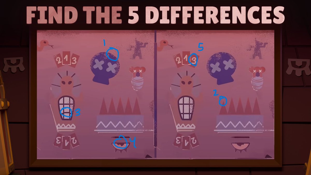 Ream_04's tweet photo. @BrawlStars #BrawlStars #EscapePyramidQuest
1. mirrored skull  
2. shorter spike
3. misaligned (idk what its called)  
4. the white part of the eye is on different side  
5. card number 3 endpoint is longer and curved https://t.co/izQQ4Y6wK0