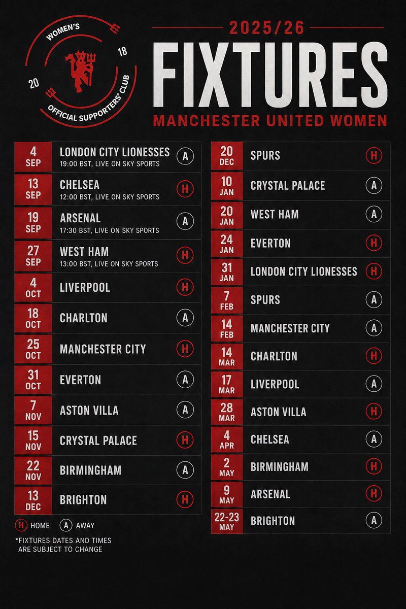 MUW_SC's tweet photo. 📅 Our 2025/26 fixtures are here! 🔴⚪⚫
Home or away, we’ll be backing United every step of the way. ❤️
Which fixture are you looking forward to most? 👇
Fixtures dates and times are subject to change.
#MUWomen #MUWSC https://t.co/T4I8Vq8hlQ