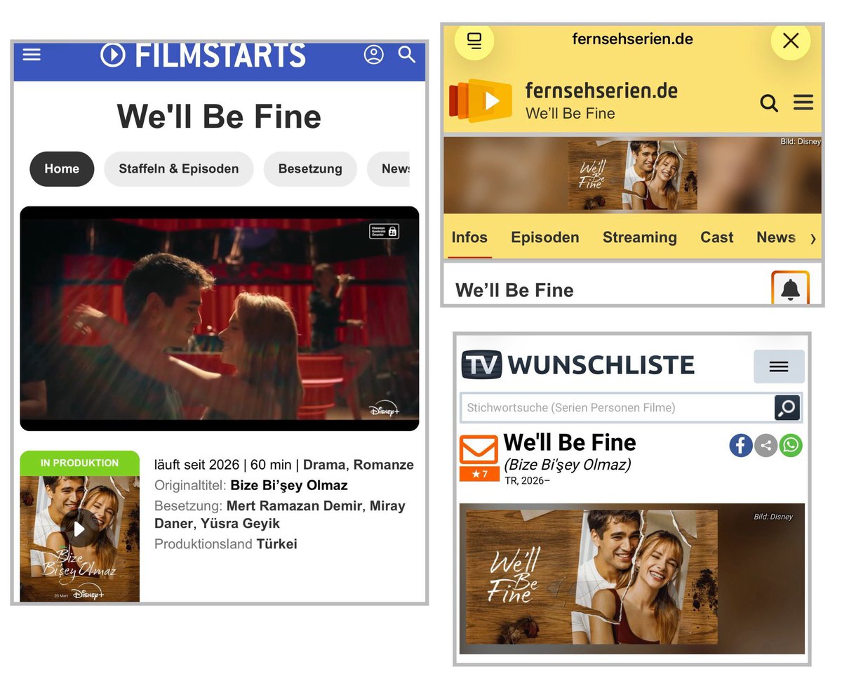 Mert_uptades's tweet photo. BizeBirŞeyOlmaz  ha sido destacada por varias de las fuentes alemanas de televisión y entretenimiento más prestigiosas, incluyendo FILMSTARTS, Fernsehserien. de y TV Wunschliste. 

Siguen conquistando el mundo 👏👏❤️❤️ 
#MirayDaner
#MertRamazanDemir https://t.co/pjXRyWZM4g