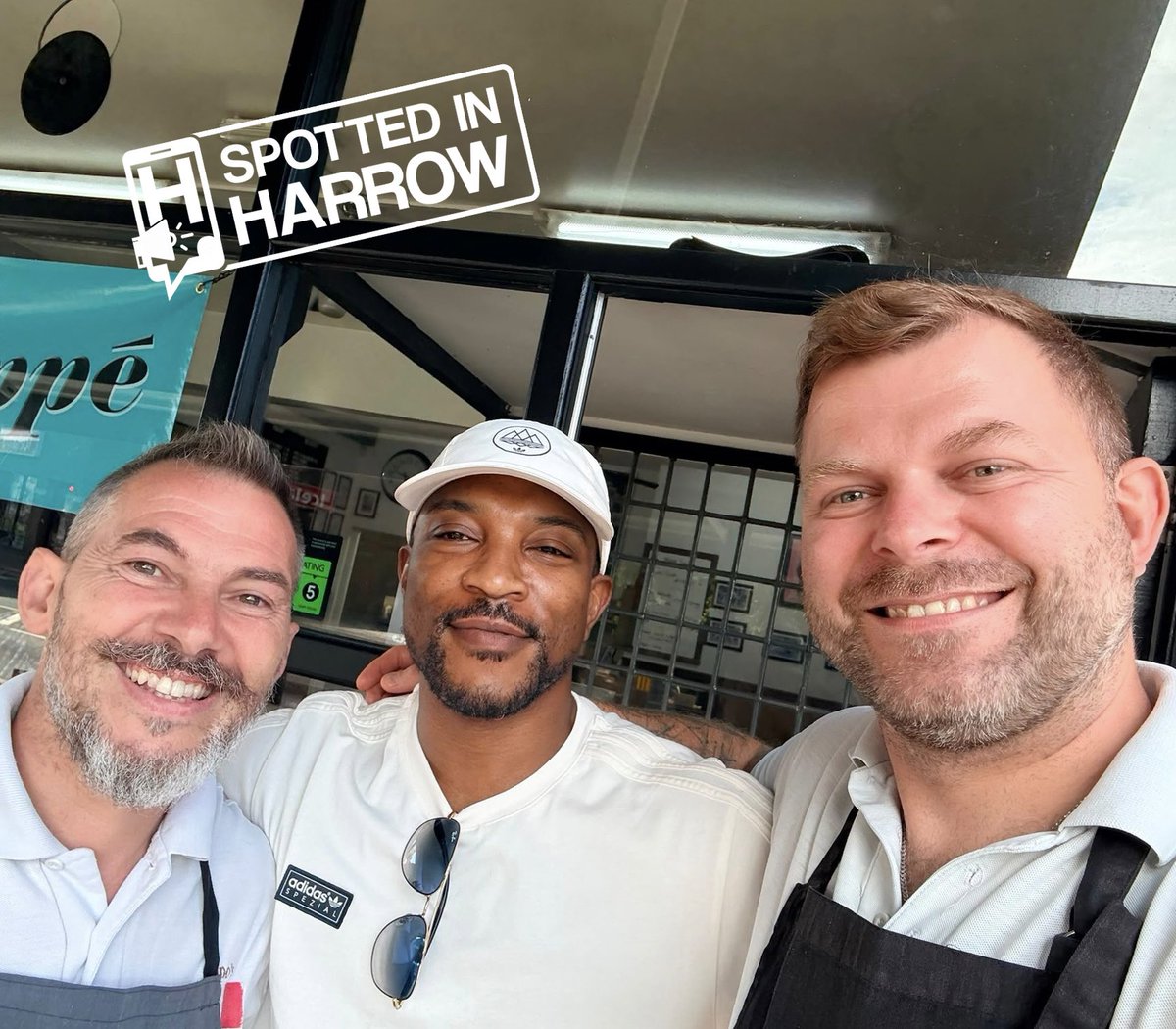 harrowonline's tweet photo. Top Boy Ashley Walters paid a visit to Gino’s Cafe in Harrow Weald this morning 🙌. He knows where to get a good breakfast! #TopBoy #ashleywalters #Harrow https://t.co/pggTJLqbpC