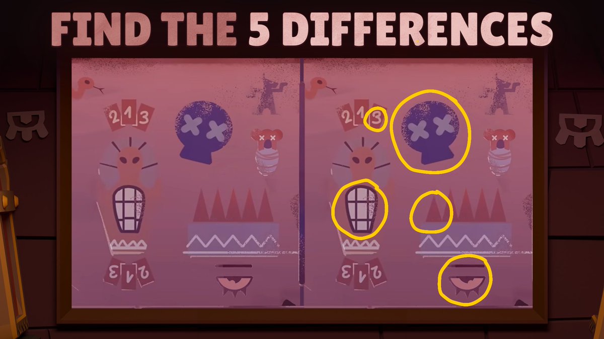 EmmaM41NCR4's tweet photo. @BrawlStars 1. La calavera está invertida 
2. El 3 es distinto al otro
3. El brillo del ojo está del otro lado
4. Un pincho es más pequeño que los otros
5. La linea del sarcófago es recta mientras la del original no.
#Brawlstars #EscapePyramidQuest https://t.co/ff4NrnhTRd