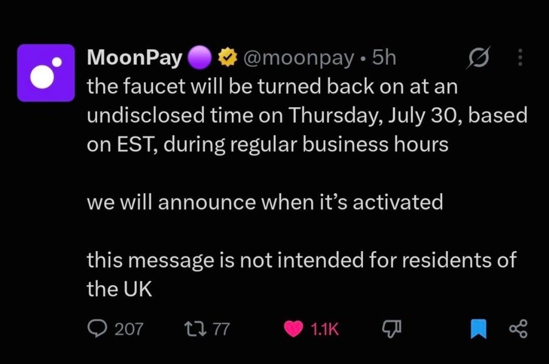 jakelean_'s tweet photo. MoonPay update for everyone waiting on the 𝕏 connection and all.

MoonPay team has confirmed that the X faucet is going to go live today during US business hours. https://t.co/r5Ey617LI7
